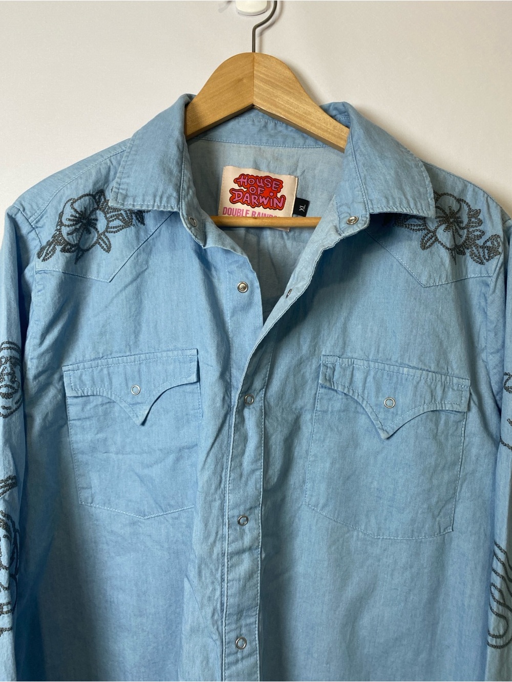 House of Darwin Western Shirt XL Embroidered Snap Button Blue Boho Linen Blend - Picture 2 of 8